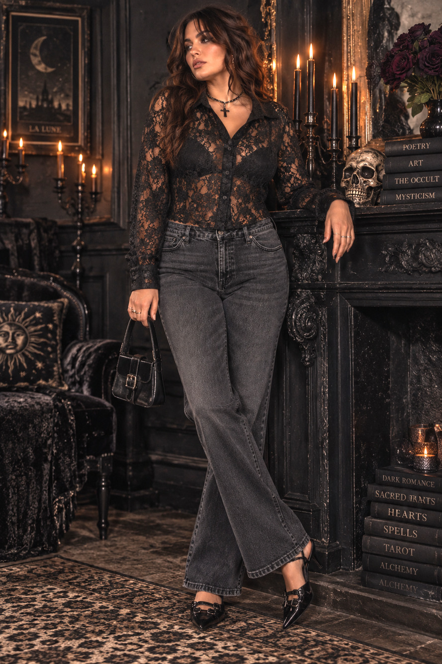 Forever 21 Plus Sz 1X Black Sheer Floral Lace Button Blouse Goth Y2K Style
